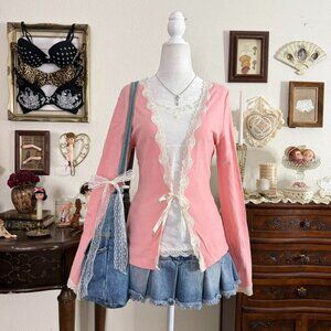 dainty coquette pink tie front cardigan w lace trim